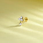 14k gold stud earring featuring a four-diamond cluster with a dangling round diamond below