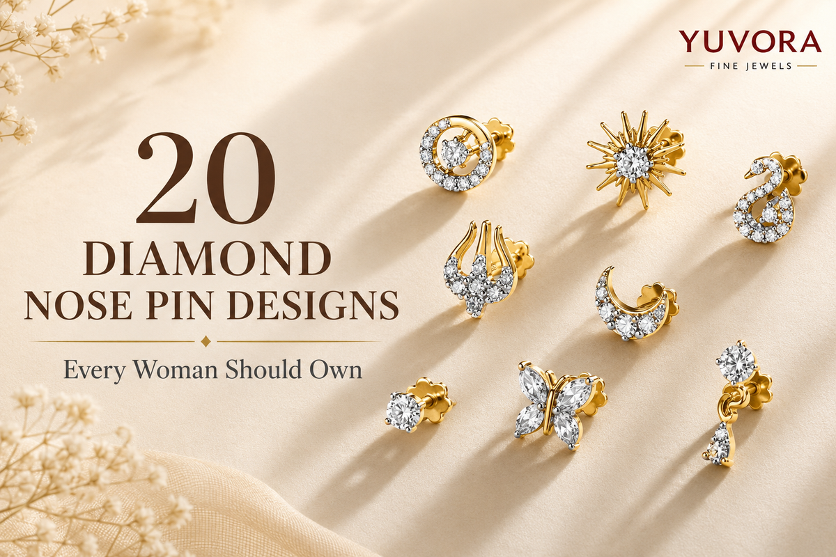 Top diamond nose pin designs for women including solitaire, butterfly, floral, moon, swan, sun, and modern gold diamond nose pins