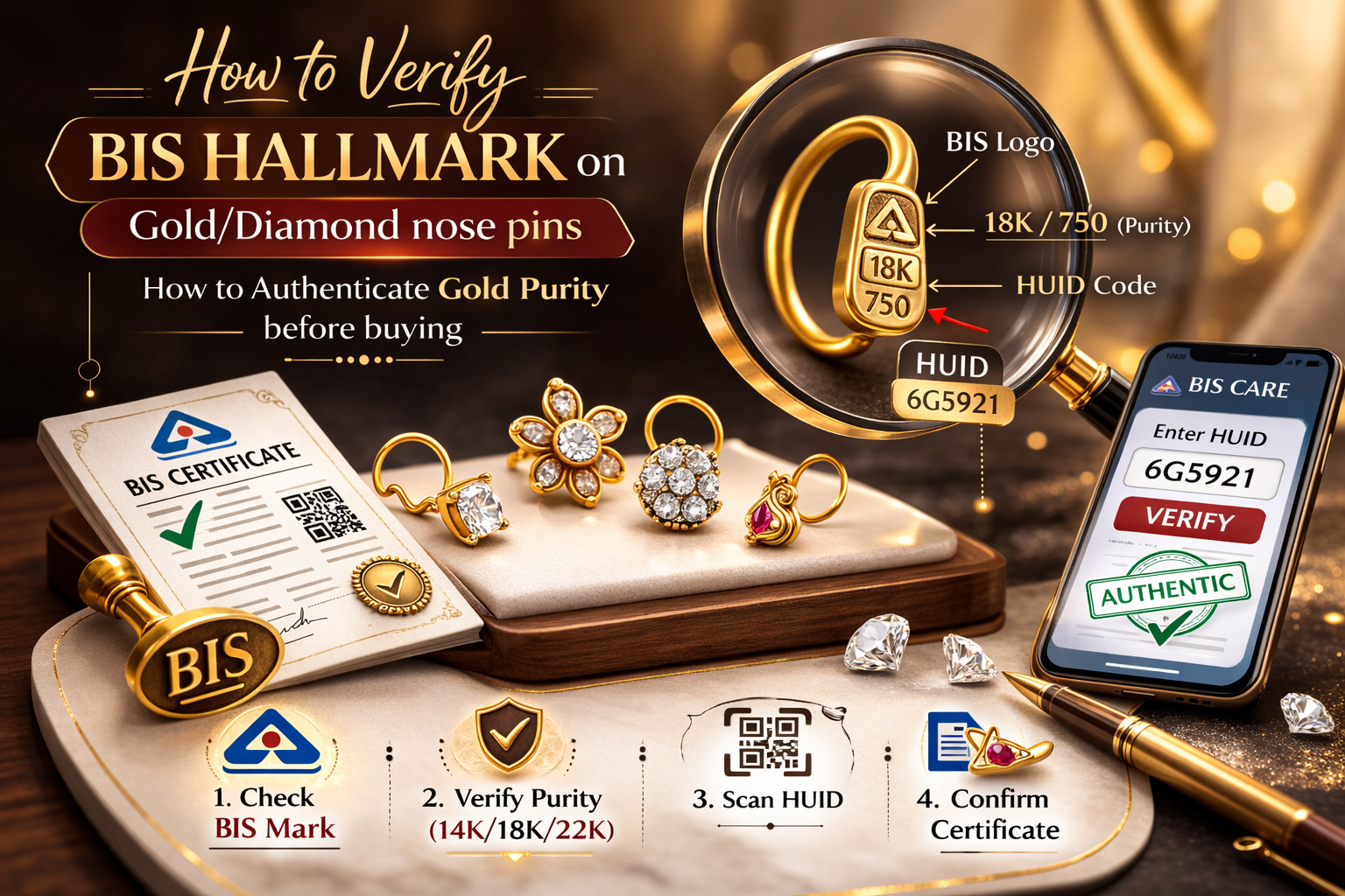 Image shown How to Verify BIS Hallmark on Gold/Diamond Nose Pins – How to Authenticate Gold Purity Before Buying.