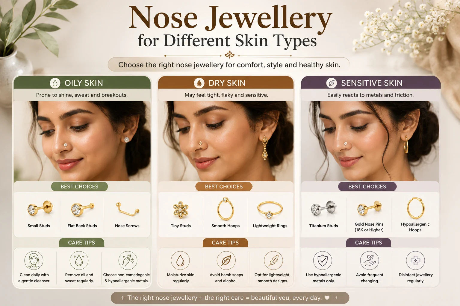 Image shown: Nose Jewellery for Different Skin Types (Oily, Dry, Sensitive)