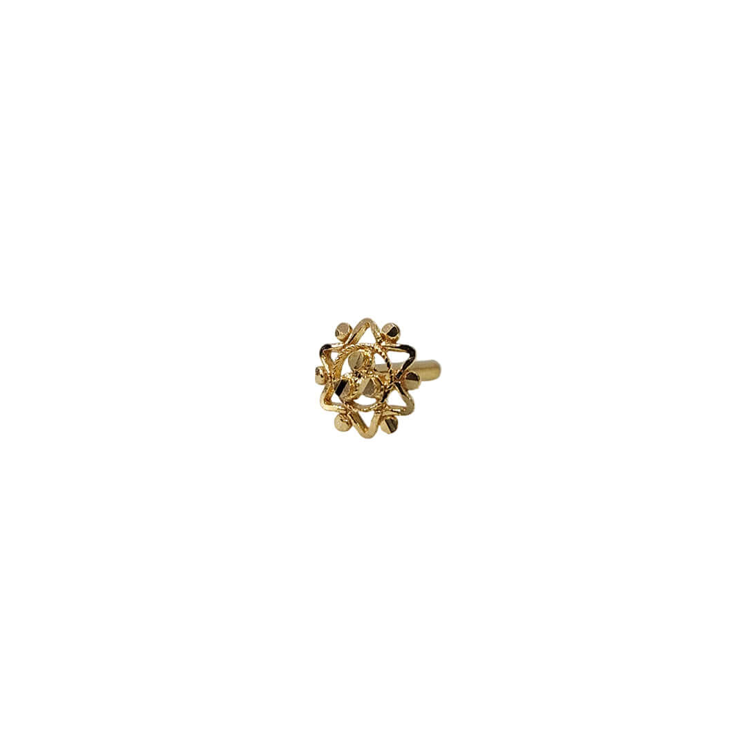 Front view of tiny floral 18K nose pin gold placed on a clean white background highlighting its delicate craftsmanship