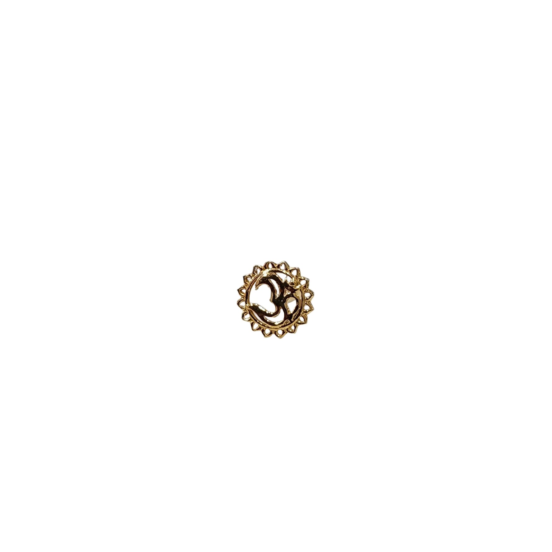 Front view of a tiny 18K nose pin gold on a clean white background highlighting its compact circular design