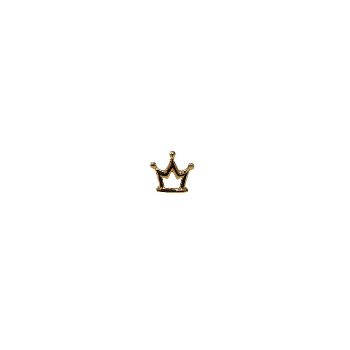 Front view of crown shaped gold nose pin design isolated on a white background for clear detailing