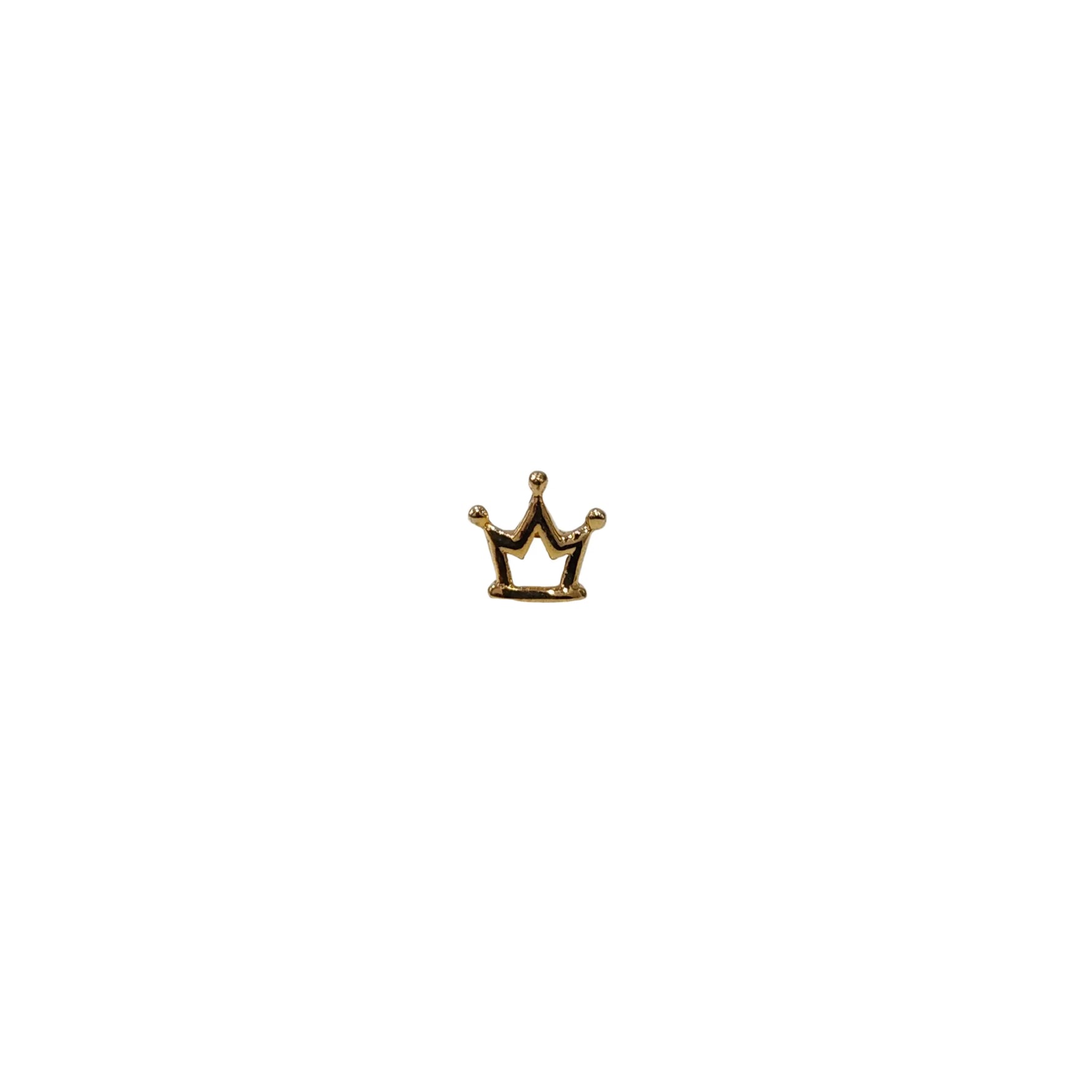 Front view of crown shaped gold nose pin design isolated on a white background for clear detailing