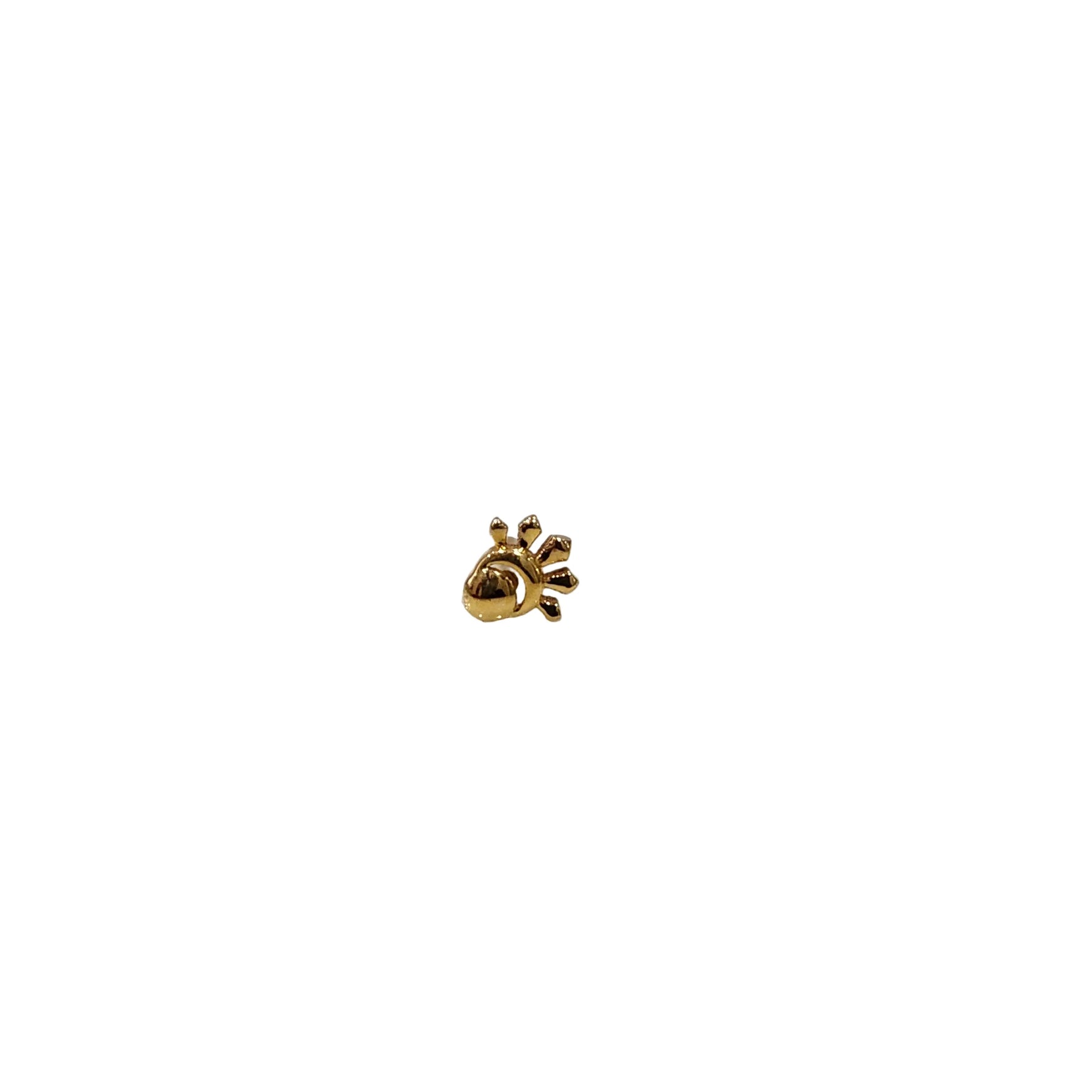 Front view of a small 18K nose pin gold isolated on a clean white background showing its compact floral design