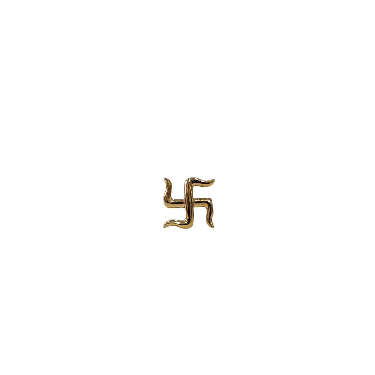 Front view of a swastik design 18K nose pin gold displayed on a white background highlighting its symbolic shape