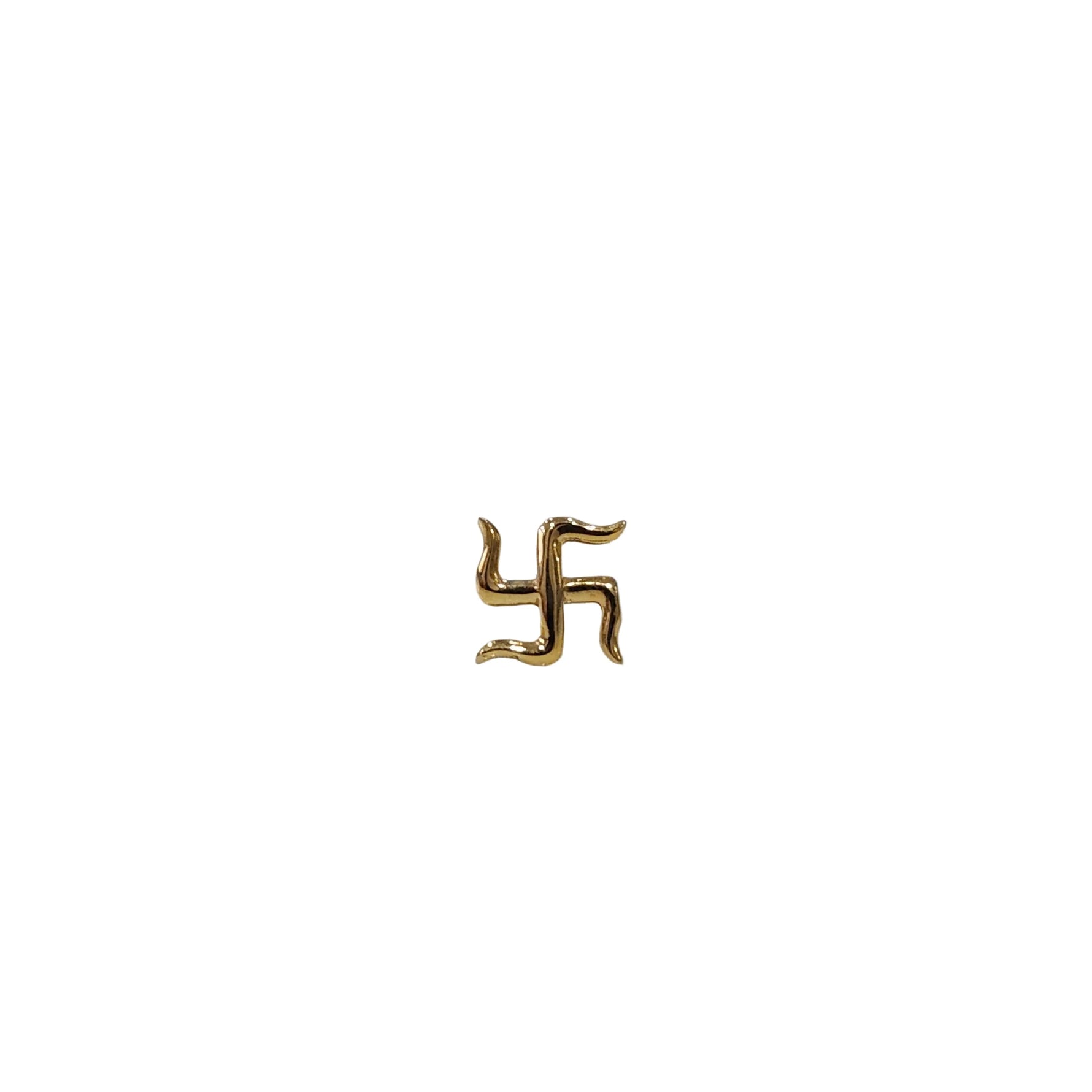 Front view of a swastik design 18K nose pin gold displayed on a white background highlighting its symbolic shape