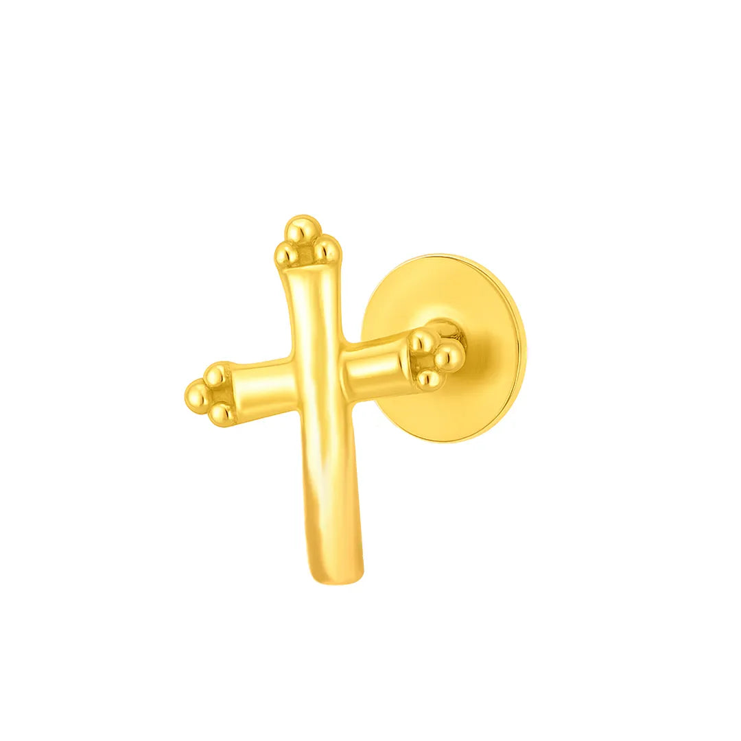 Side view of a cross motif gold nose pin in 18K gold showing the post and back screw clearly