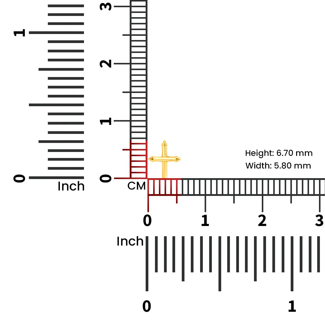 Gold cross nose pin measured with a ruler indicating its small lightweight size for daily wear