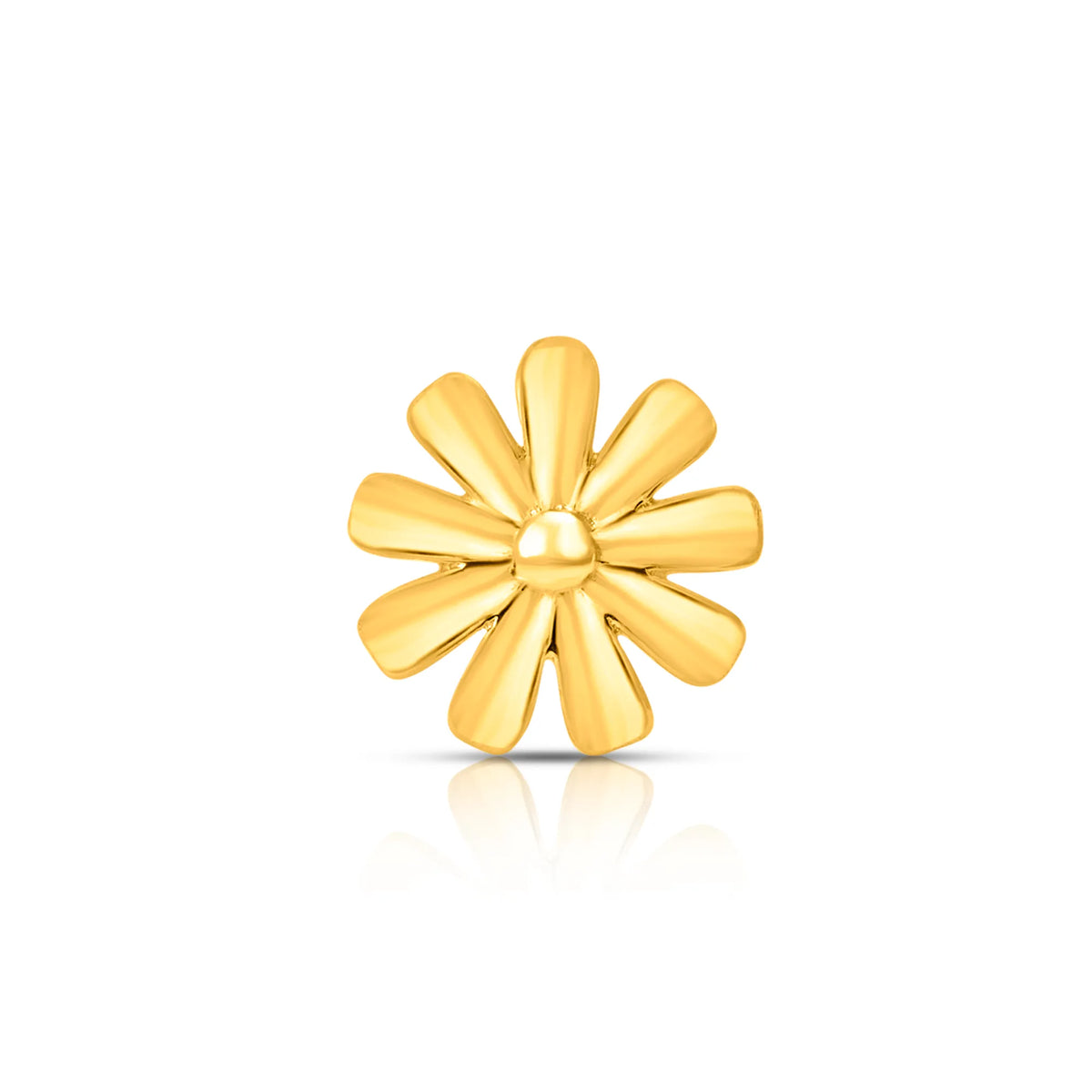 Side angle view of daisy motif 18K gold nose pin highlighting its slim profile and finish