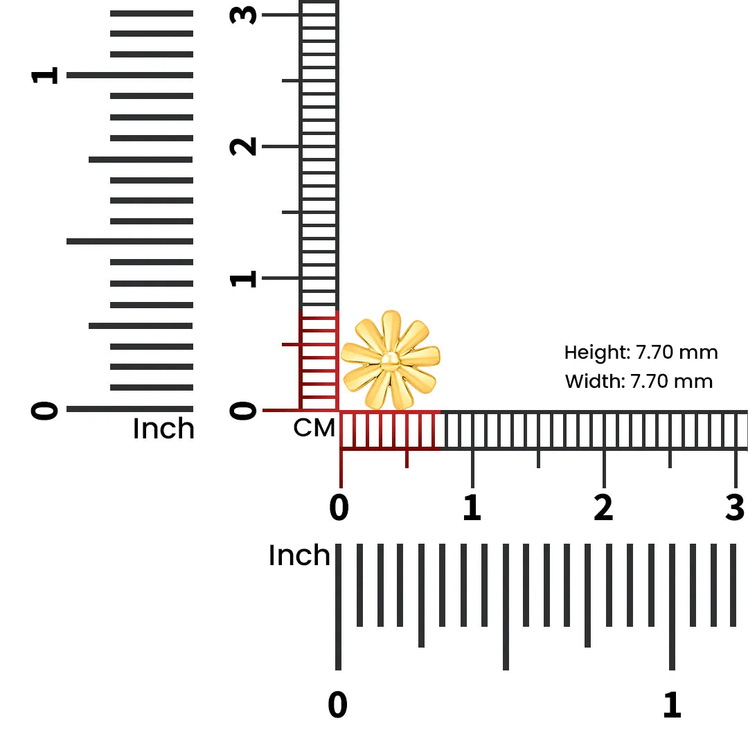 Measurement view of 18K gold daisy nose pin placed next to ruler indicating compact size