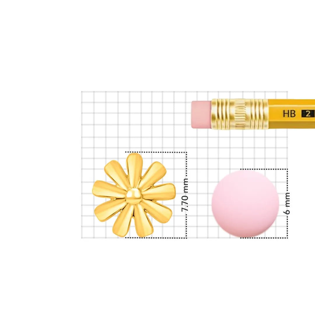 Size reference of daisy flower gold nose pin shown with measurement scale on grid background