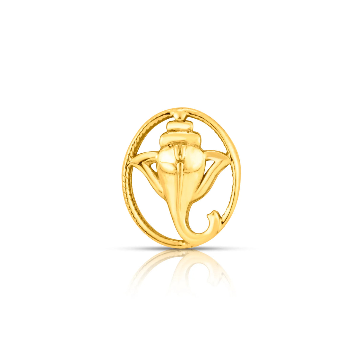 Front view of round floral gold nose pin design with openwork petal pattern perfect for indian jewellery lovers