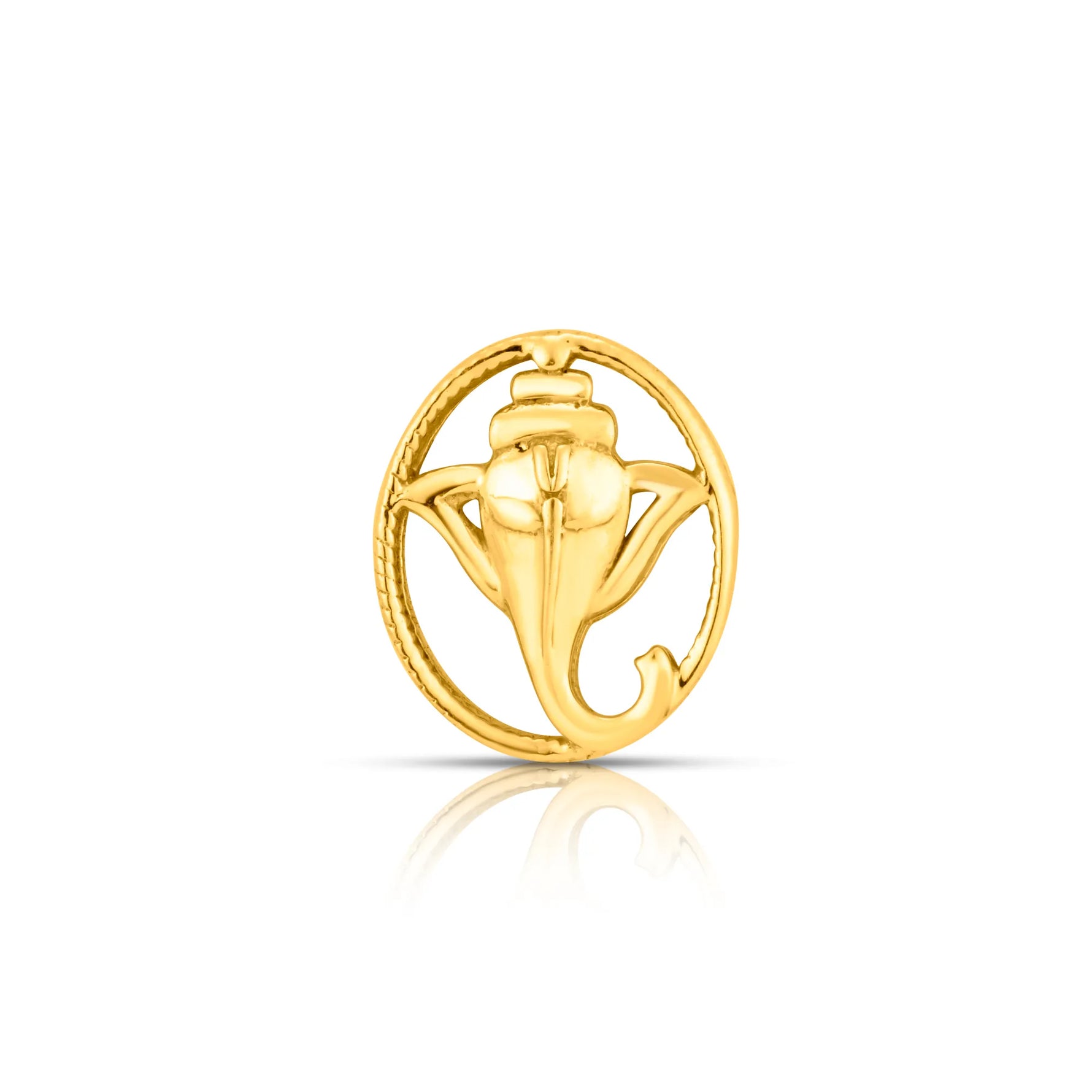 Front view of round floral gold nose pin design with openwork petal pattern perfect for indian jewellery lovers