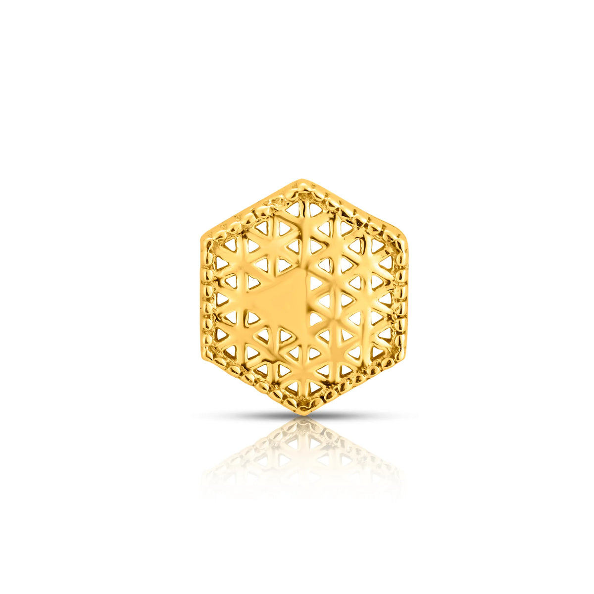 Front view of geometric hexagon cutwork 18K gold nose pin on a white background highlighting intricate pattern detailing
