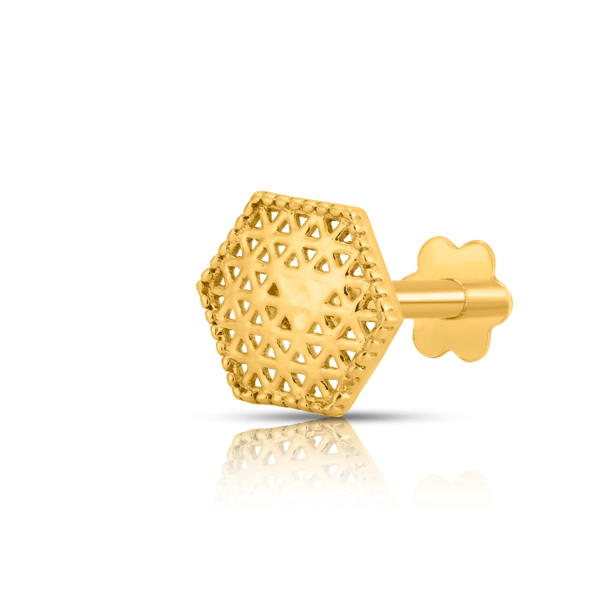 Side view of hexagonal lattice inspired 18K gold nose pin on a white background showing post and secure screw back design