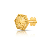 Side view of hexagonal lattice inspired 18K gold nose pin on a white background showing post and secure screw back design