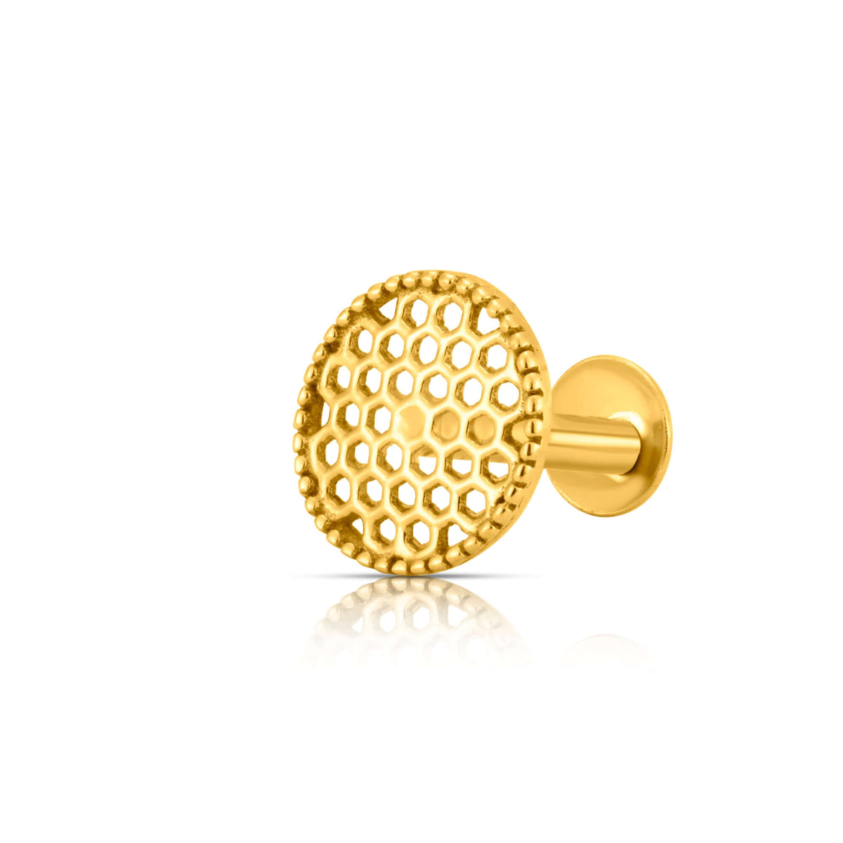 Elegant circular gold nose pin design crafted in 18k yellow gold featuring intricate honeycomb pattern for women