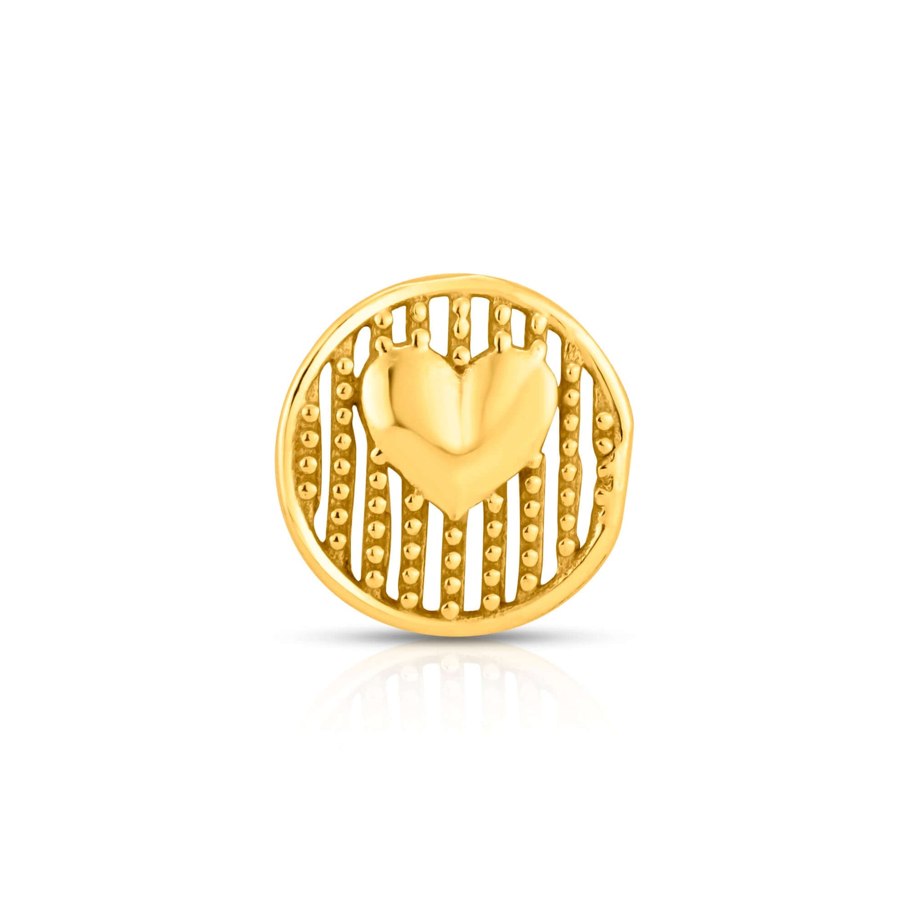 Front view of round gold nose pin design with heart pattern showcasing contemporary indian jewellery style