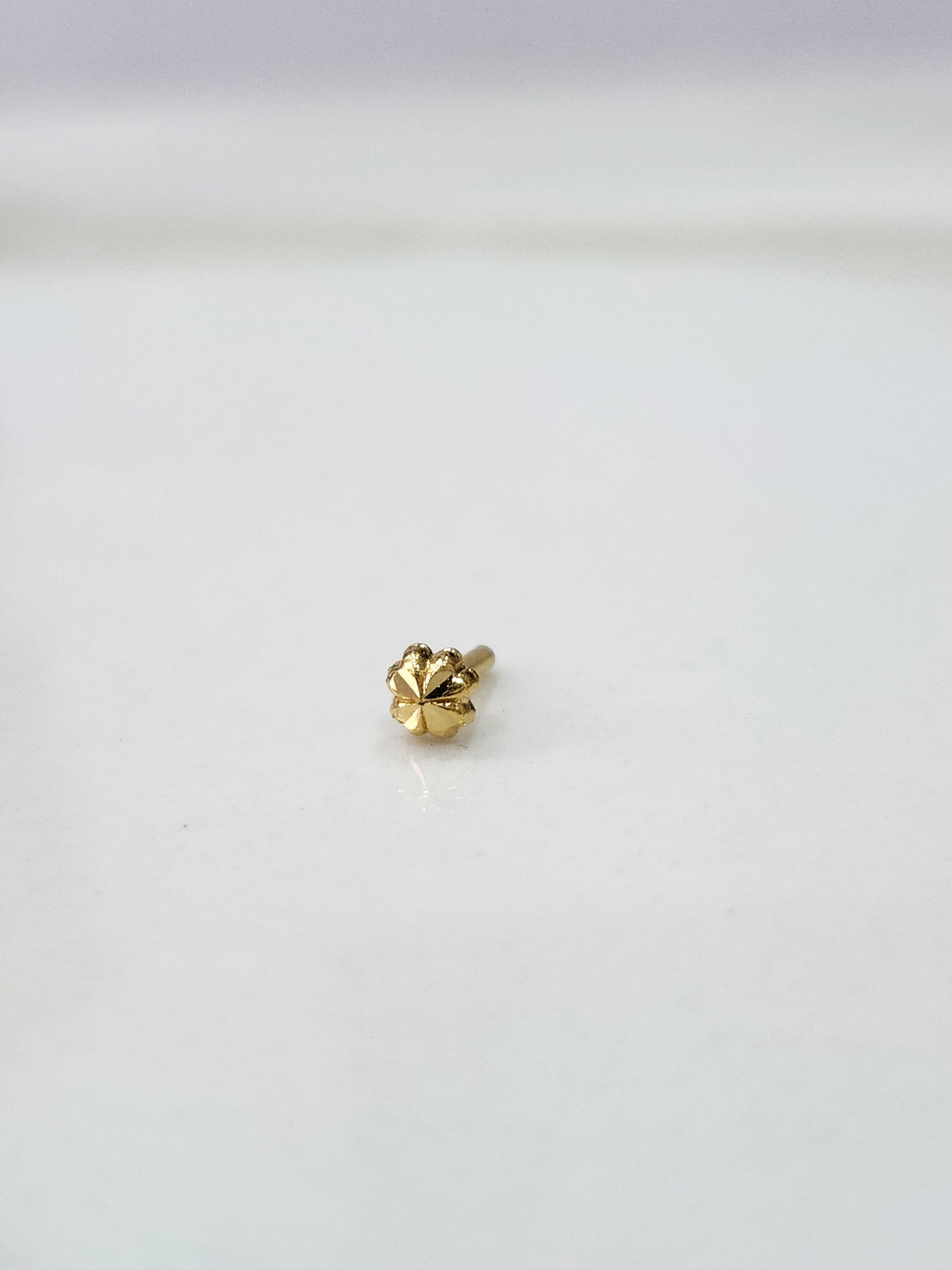 Front view of a tiny gold nose pin on a plain white background showing its compact size
