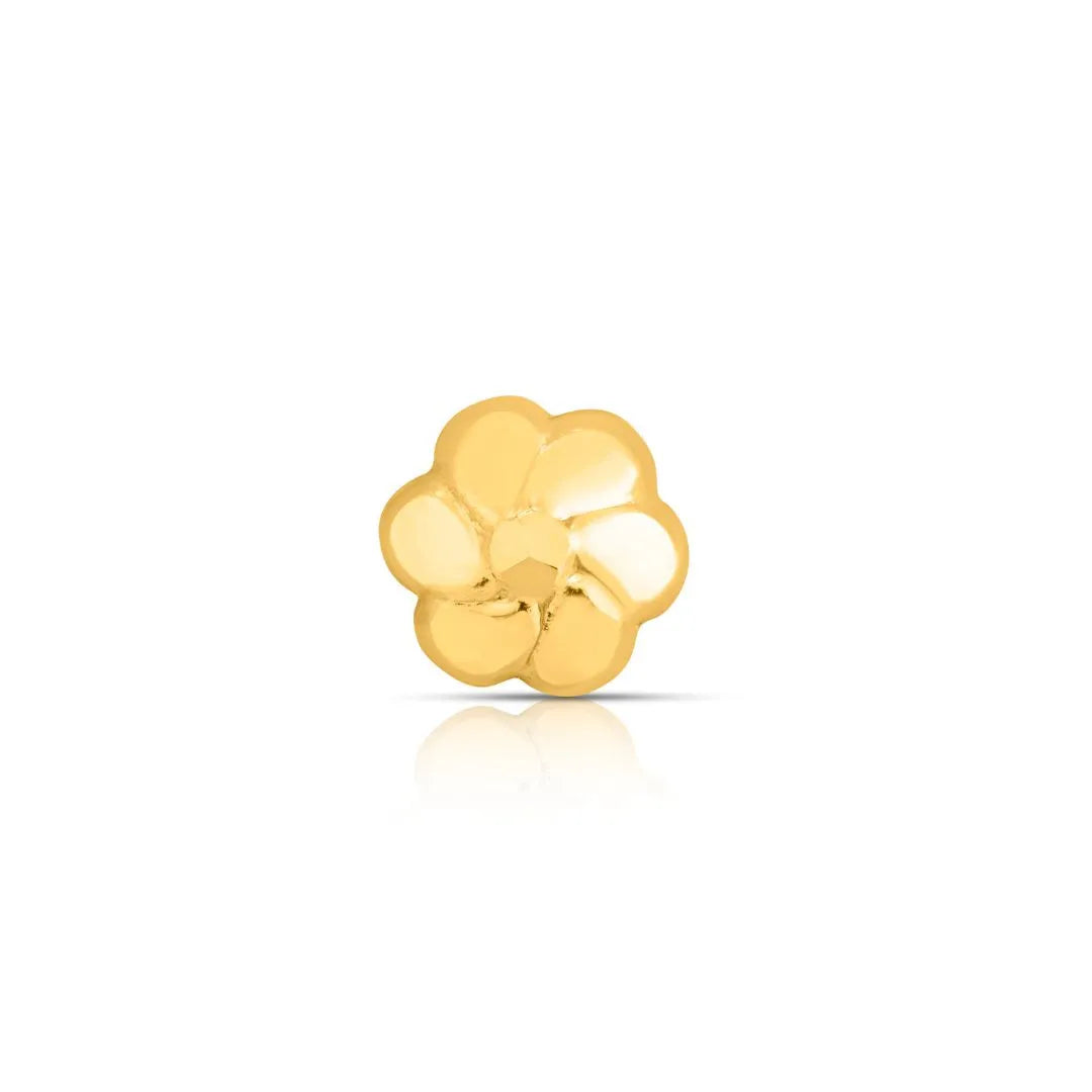 Front view of flower shaped 18K gold nose pin on a white background showing simple petal detailing