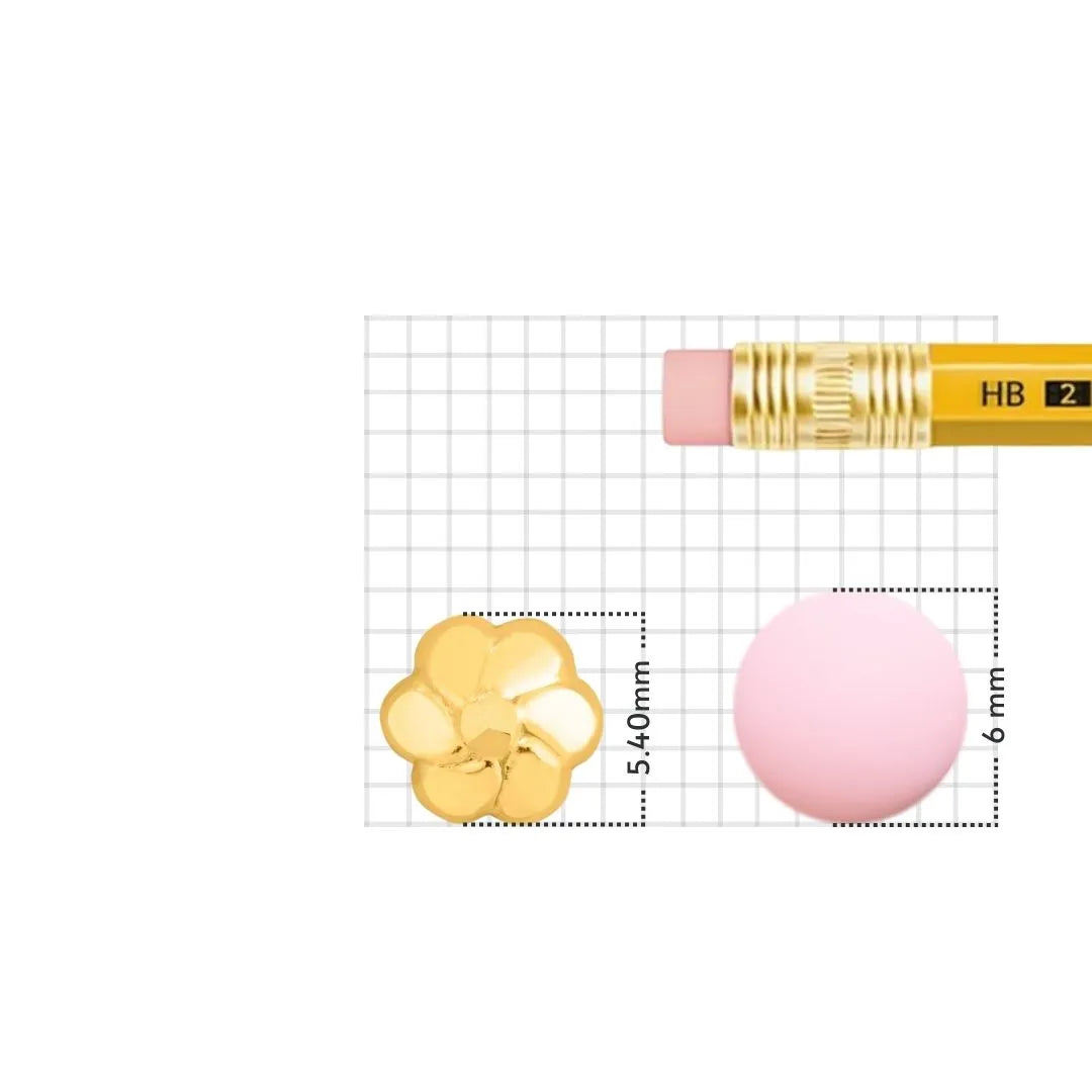 Size reference image of flower motif gold nose pin shown on a grid background with measurement scale