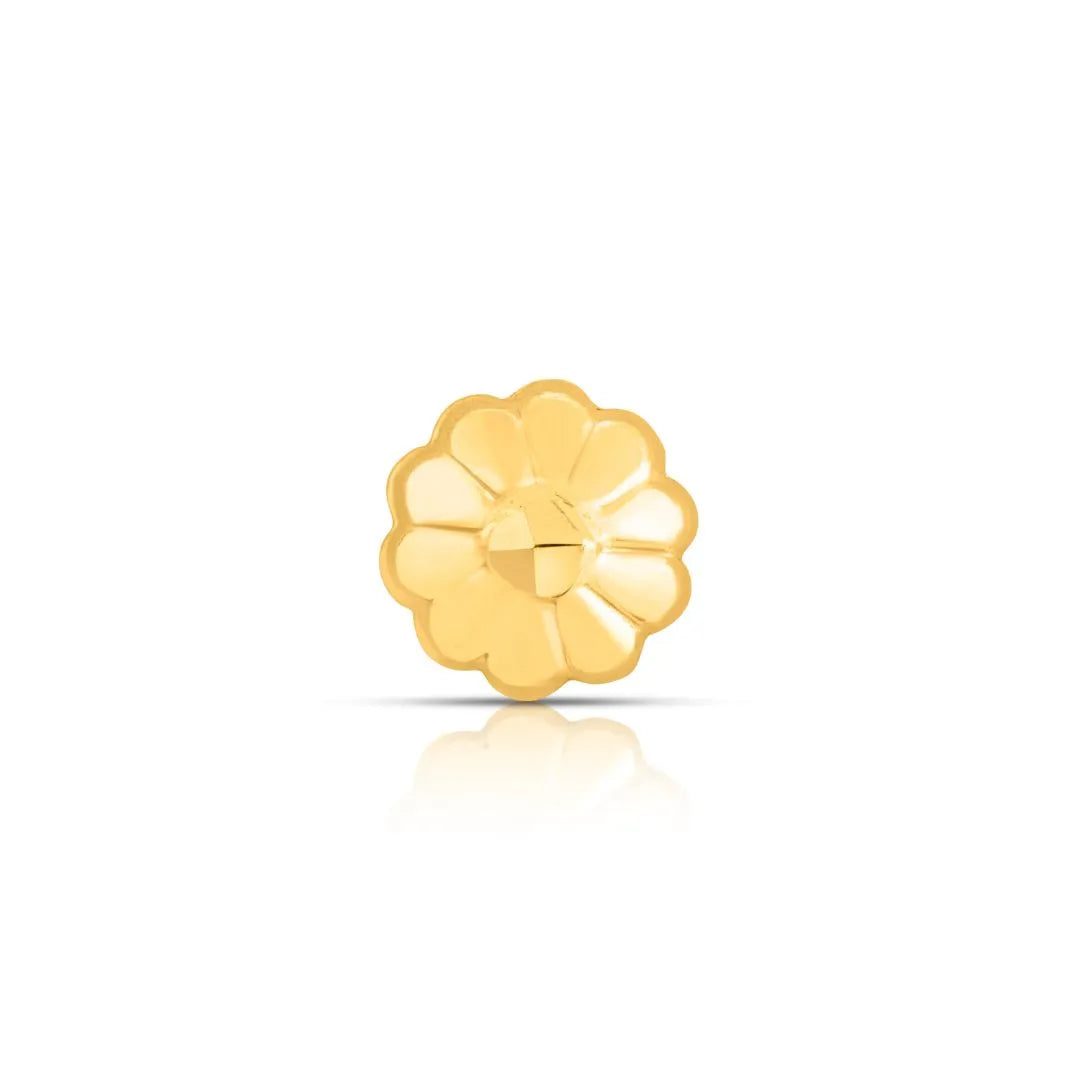 Front view of flower shaped 18K gold nose pin on a white background showing rounded petal design