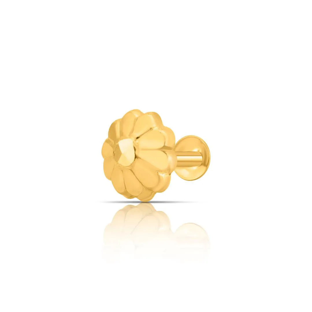 Side view of floral 18K gold nose pin on a white background highlighting the screw back and polished finish