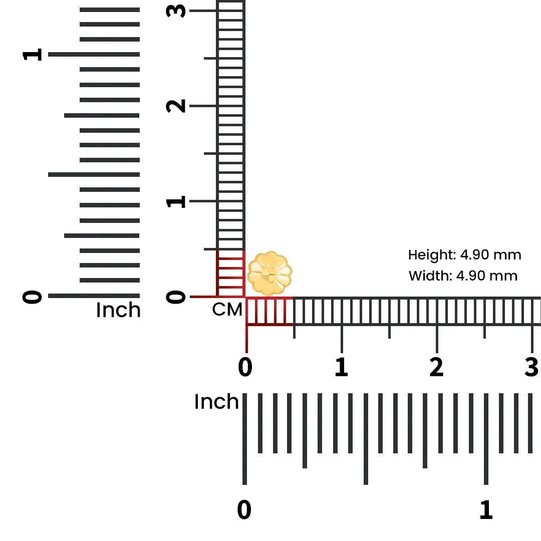 Measurement view of compact floral gold nose pin placed beside a ruler to show exact size