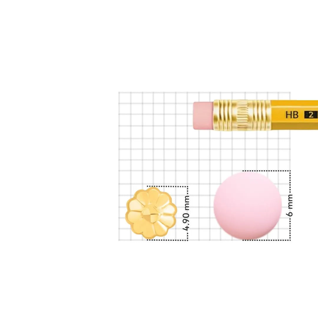 Size reference image of flower motif gold nose pin shown on a grid background with scale indicator