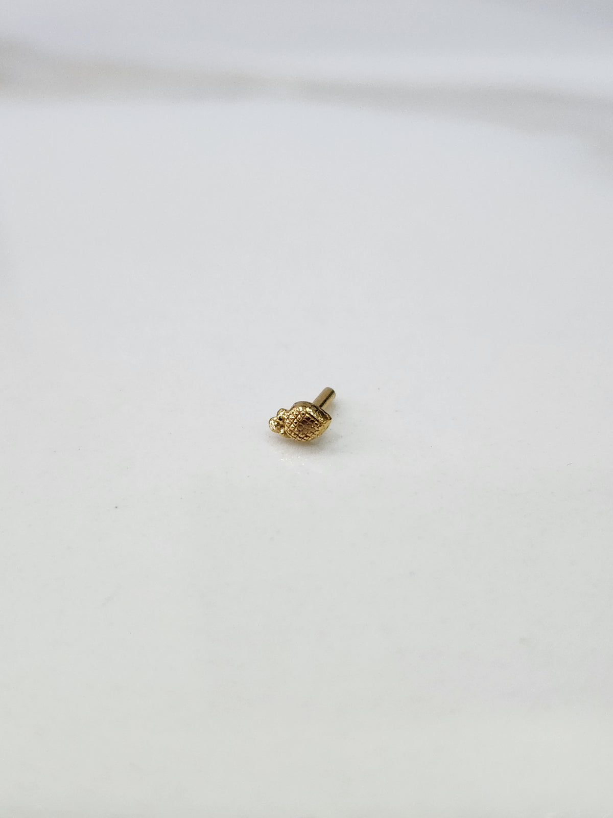 Tiny gold nose pin placed on a white background showing its compact size and delicate design