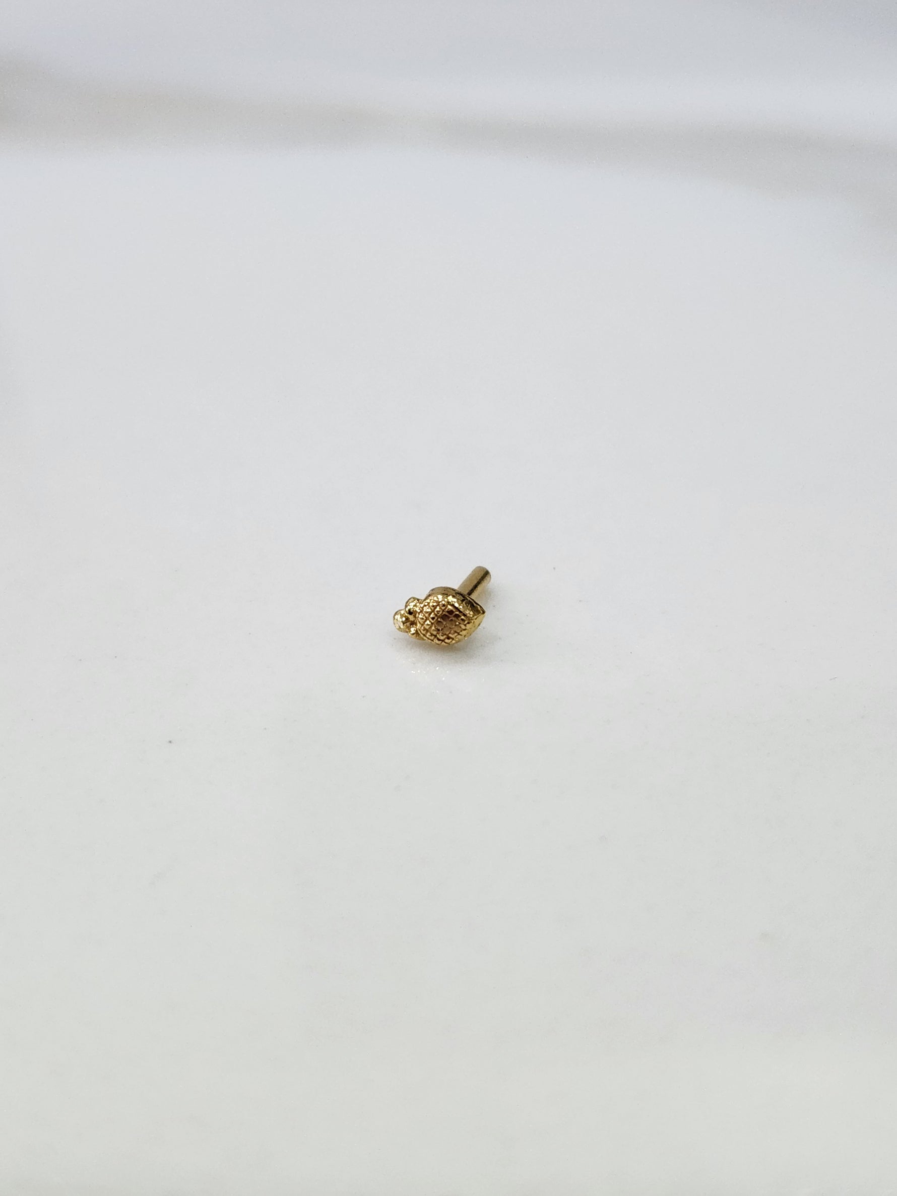 Tiny gold nose pin placed on a white background showing its compact size and delicate design