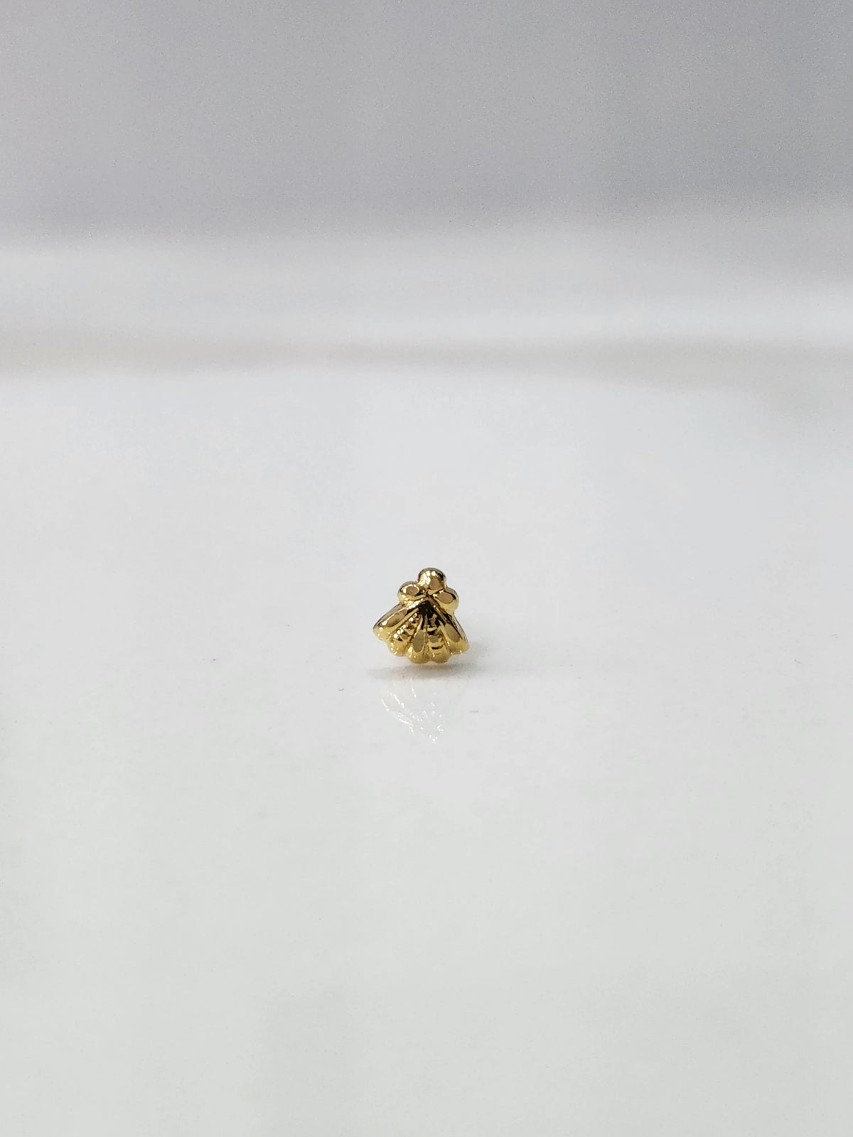 Tiny gold nose pin placed on a white background in a front view showing its minimal size and detailing