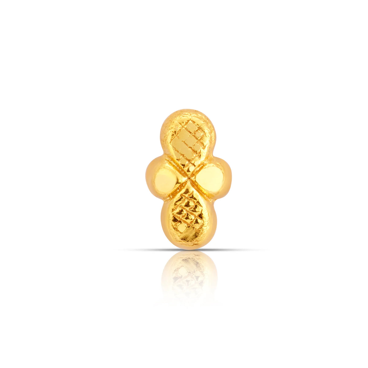 Front view of petite 18K gold nose pin on a white background showing simple rounded detailing