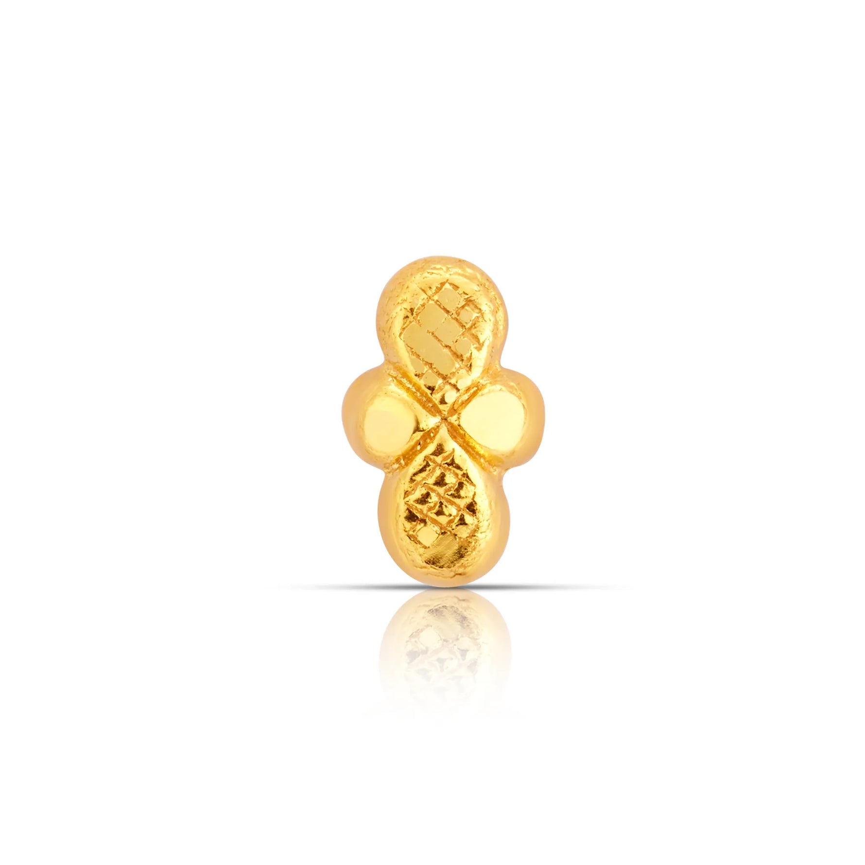 Front view of petite 18K gold nose pin on a white background showing simple rounded detailing
