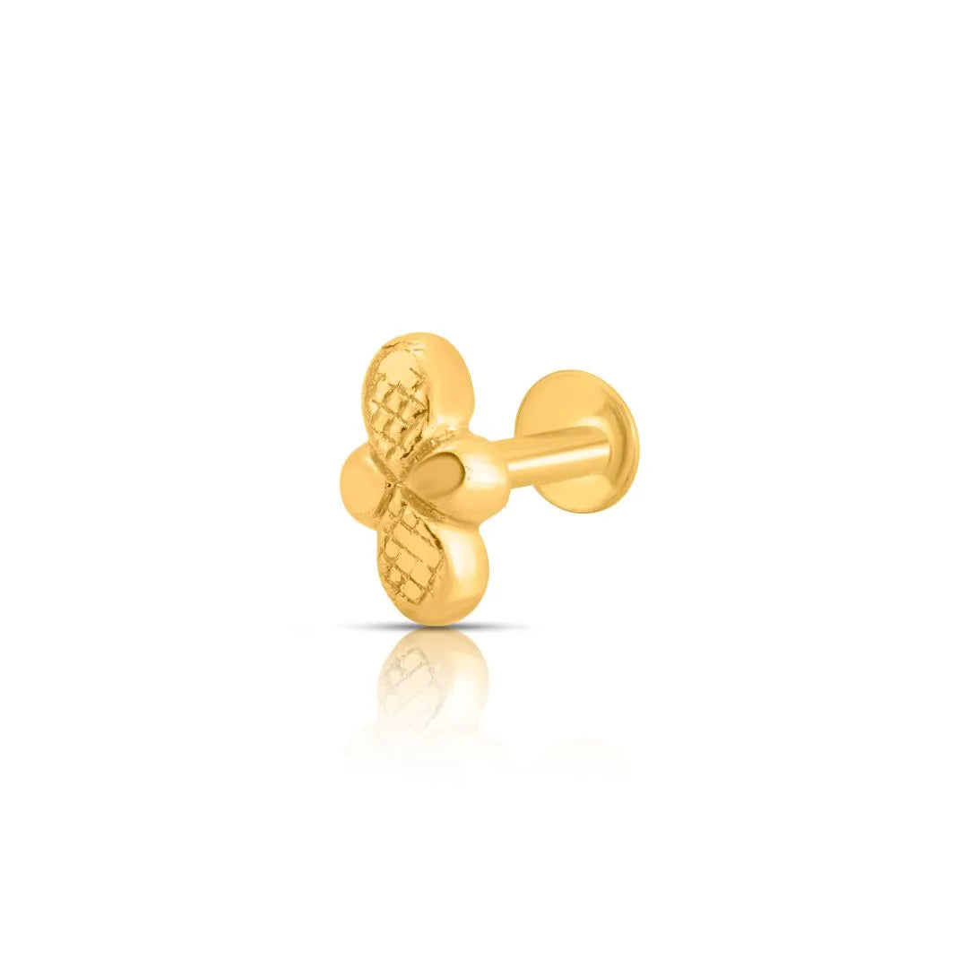 Side view of small 18K gold nose pin on a white background highlighting screw back design