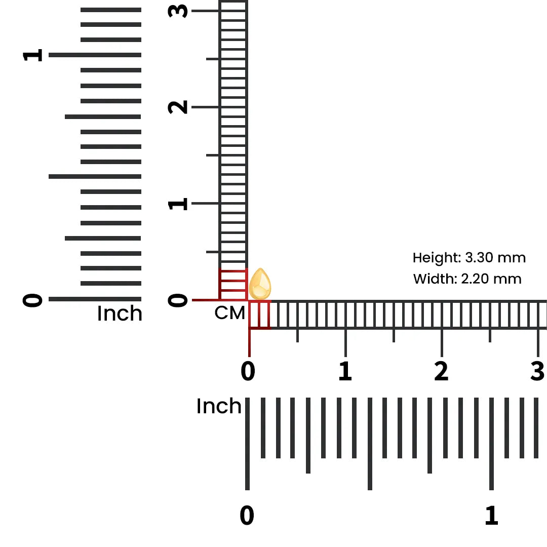 Teardrop gold nose pin size guide showing 3.30 mm height and 2.20 mm width with ruler measurement for accurate dimensions