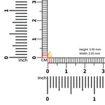 Teardrop gold nose pin size guide showing 3.30 mm height and 2.20 mm width with ruler measurement for accurate dimensions