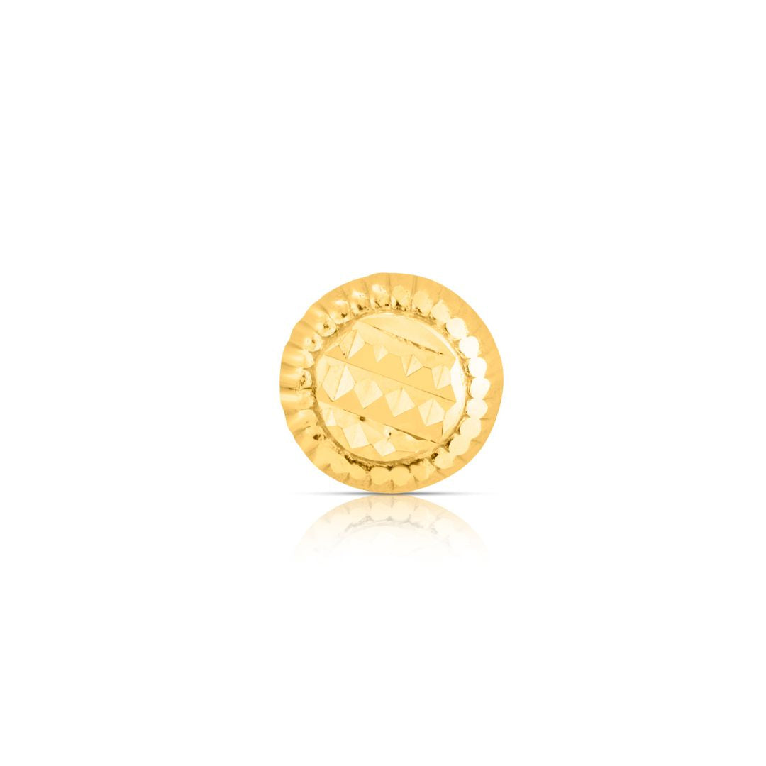 Front view of circular gold nose pin design with handcrafted diamond cut texture perfect for indian jewellery lovers