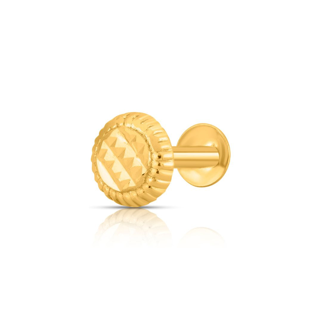 Elegant round gold nose pin design crafted in 18k yellow gold featuring detailed textured pattern for women