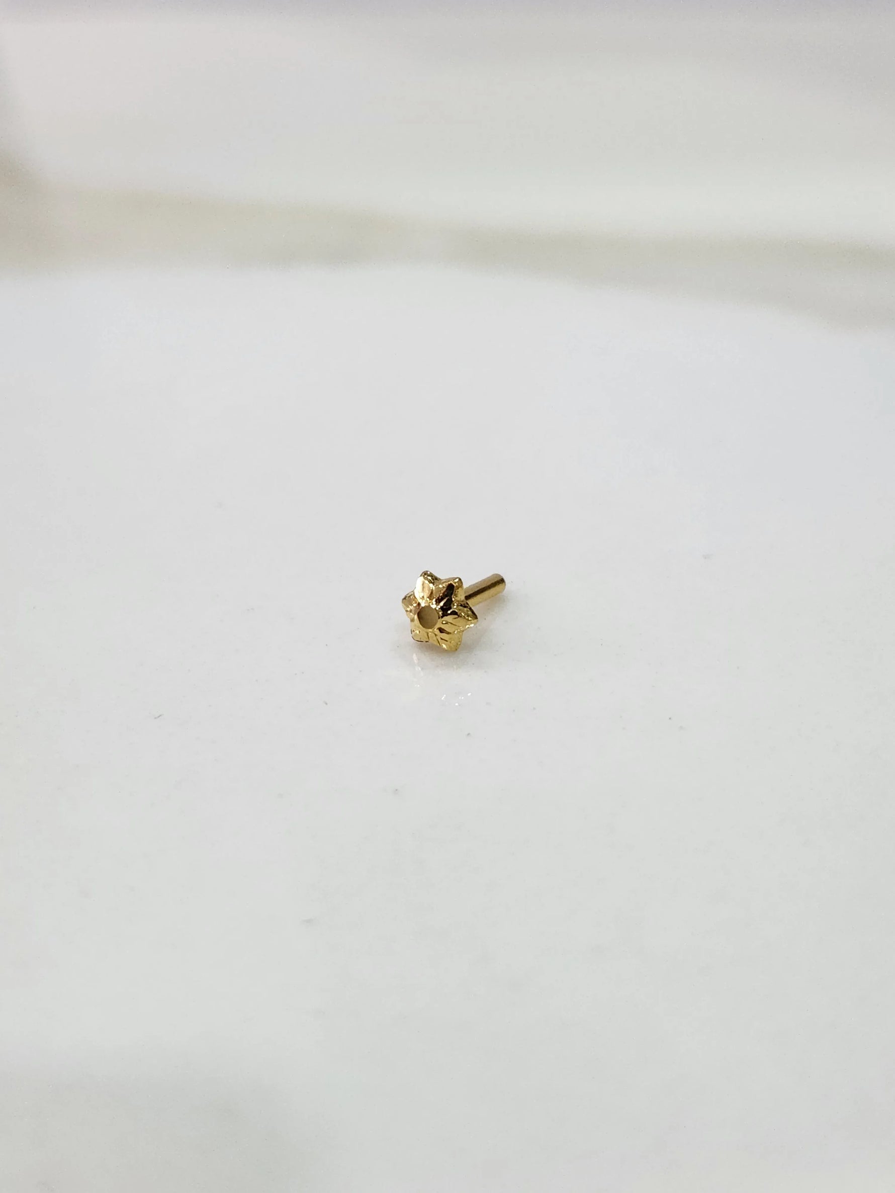 Tiny gold nose pin placed on a white background showing its compact size and fine detailing