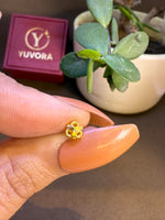 Hand holding a floral gold nose pin near a plant to show real size and wearability