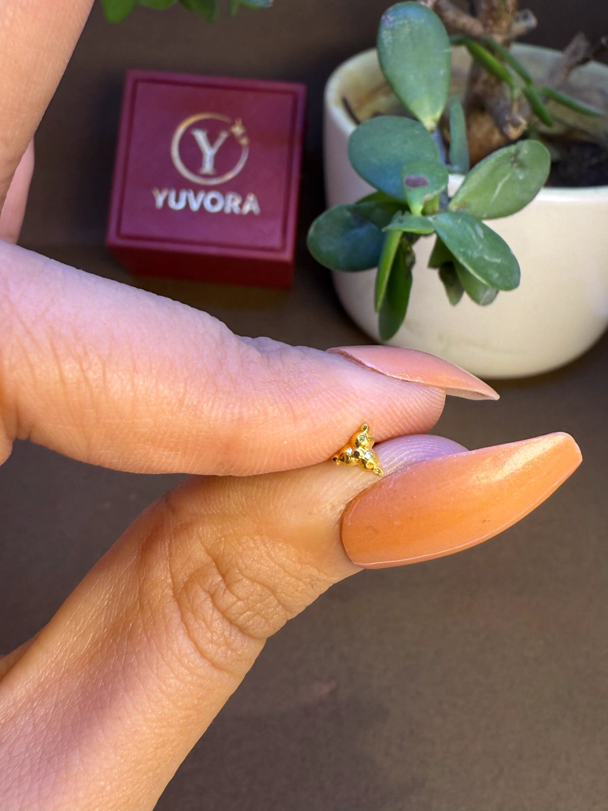 Hand holding small 18k gold nose pin with Yuvora packaging in background