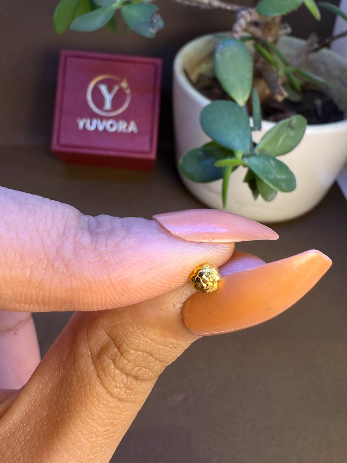 Hand holding a tiny gold nose pin near a Yuvora box showing its small wearable size