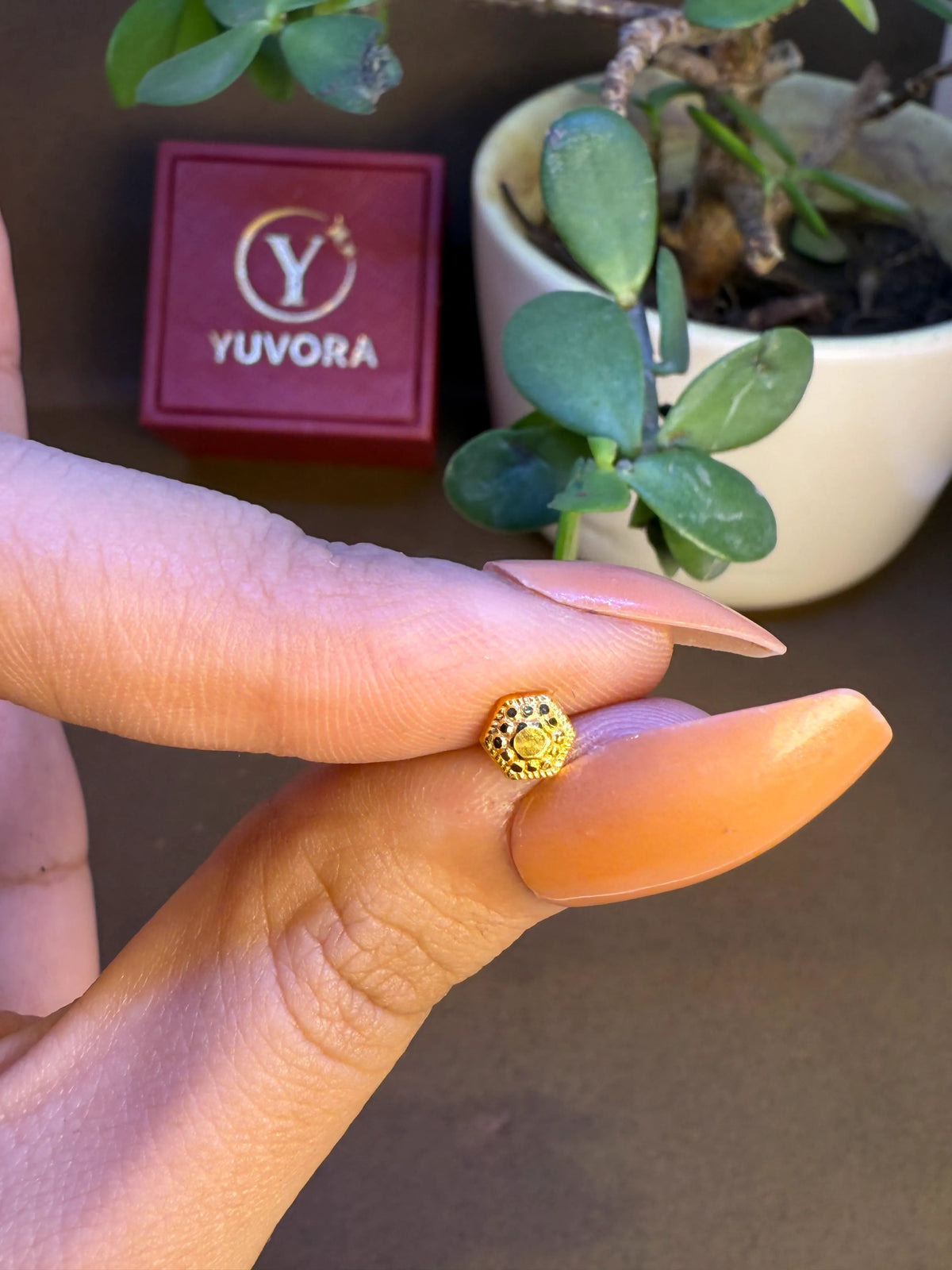 Hand holding tiny 18K Nose Pin Gold beside Yuvora packaging highlighting its small size