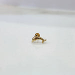 Tiny dolphin shaped 18K nose pin gold displayed on white background for clear visibility of design