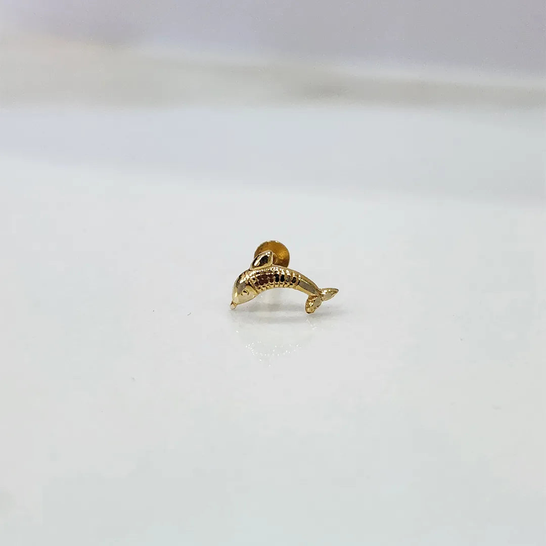 Tiny dolphin shaped 18K nose pin gold displayed on white background for clear visibility of design