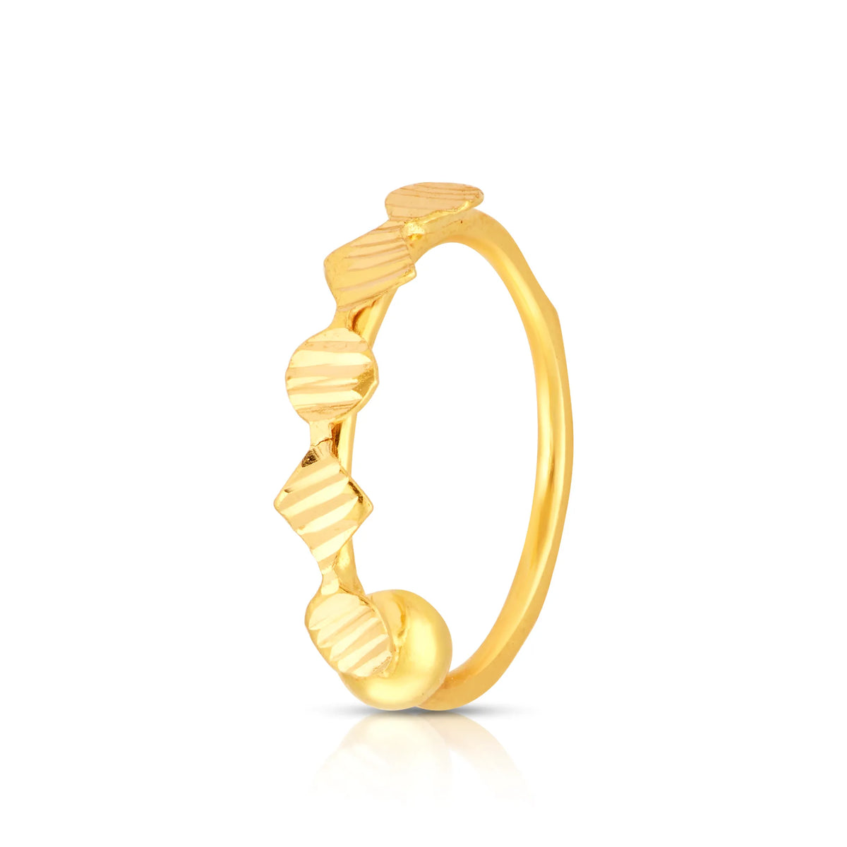 Front view of a wavy textured 18K gold nose ring on a white background highlighting the circular form