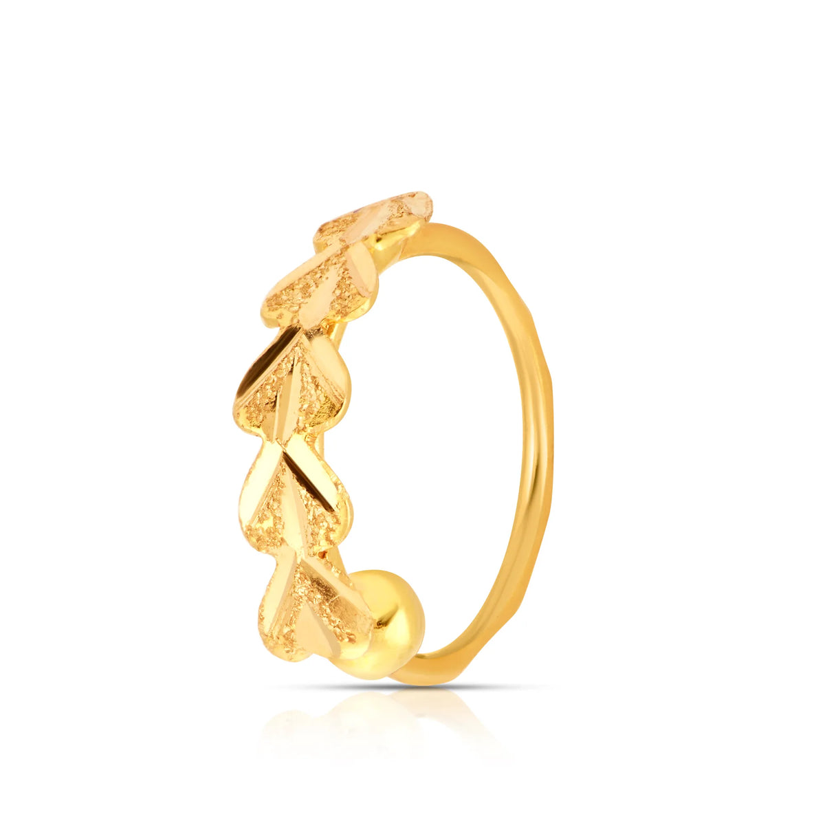 Side view of leaf inspired gold nose ring showing the sculpted pattern and polished finish