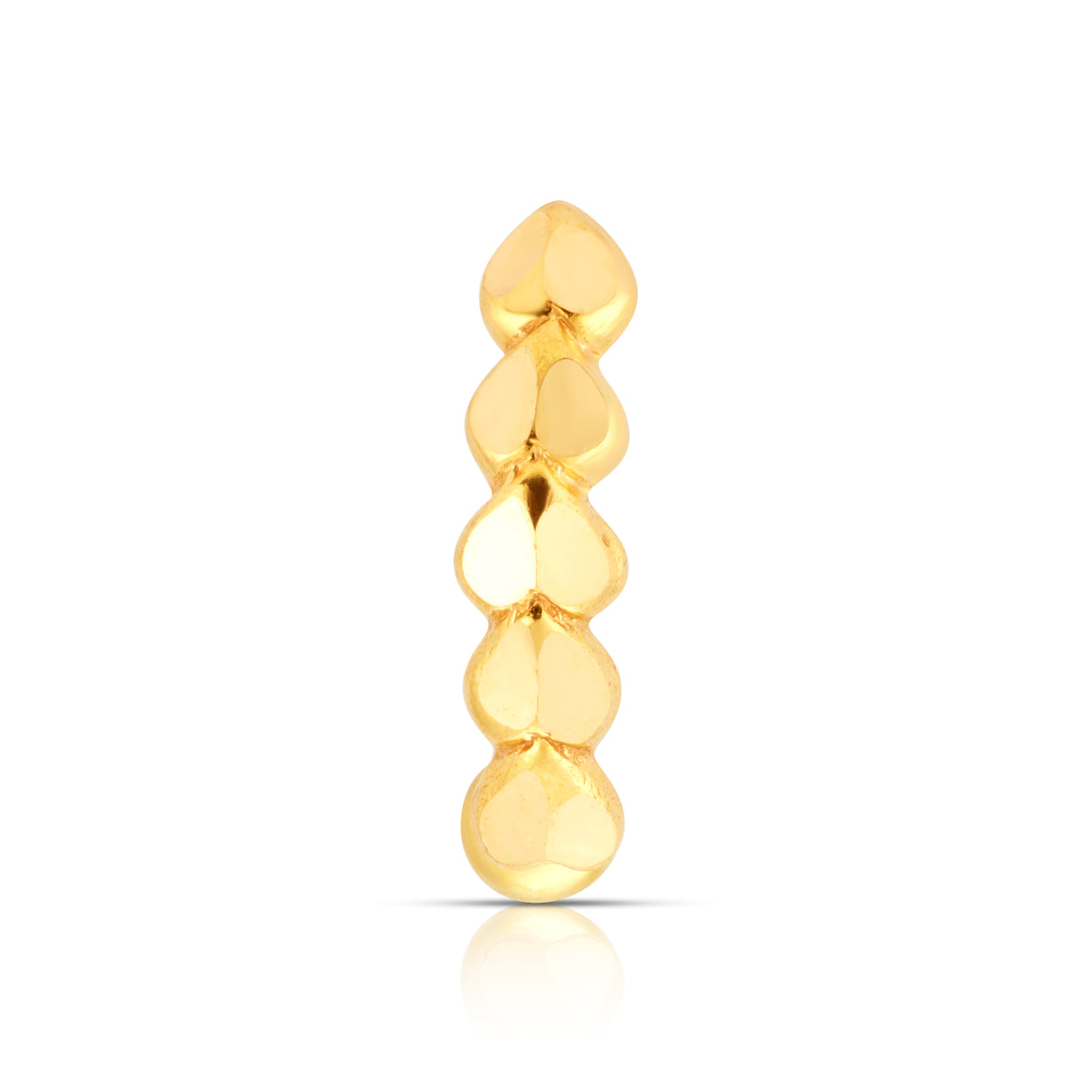 Side angle view of linked disc design 18K gold nose ring highlighting its sculpted texture